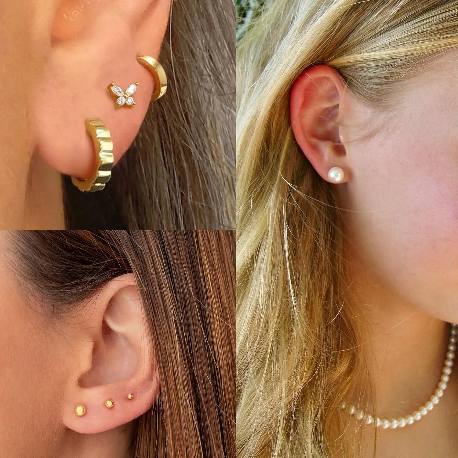 BOUTIQUELOVIN 14K Gold Stud Earrings Set for Women, for Multiple Piercing 925 Silver Plated Studs Earrings and Zirconia Earring Set Small Huggie Hoop Chain Earing