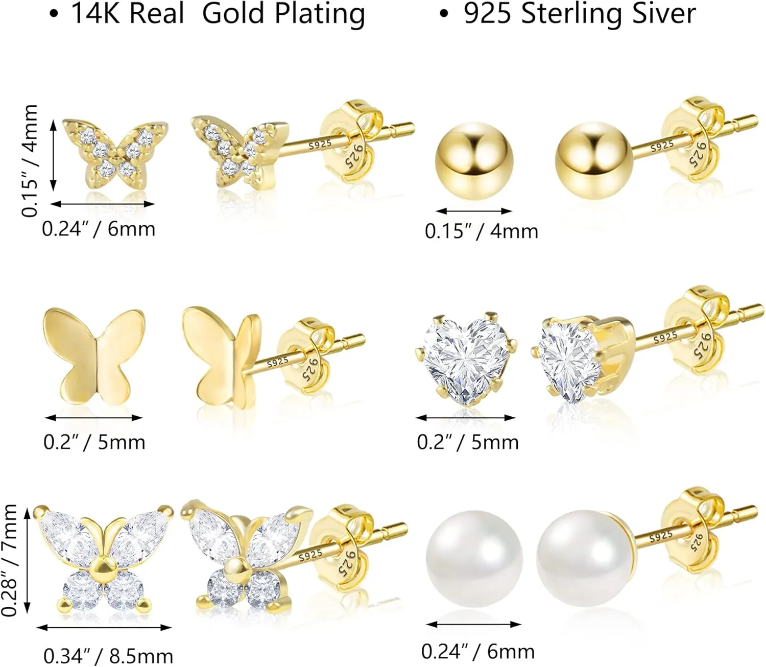 BOUTIQUELOVIN 14K Gold Stud Earrings Set for Women, for Multiple Piercing 925 Silver Plated Studs Earrings and Zirconia Earring Set Small Huggie Hoop Chain Earing