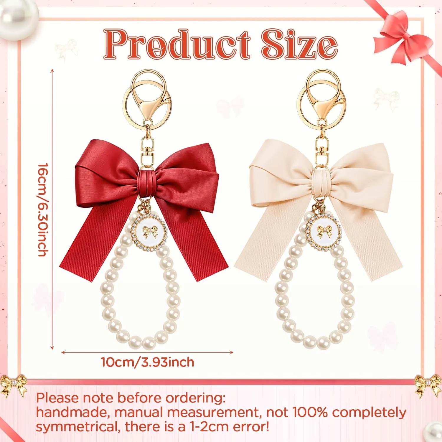 Bow Keychain Pink Bow Charm Pearl Wristlet Keyring Keychain for Women Purse Bag Charm