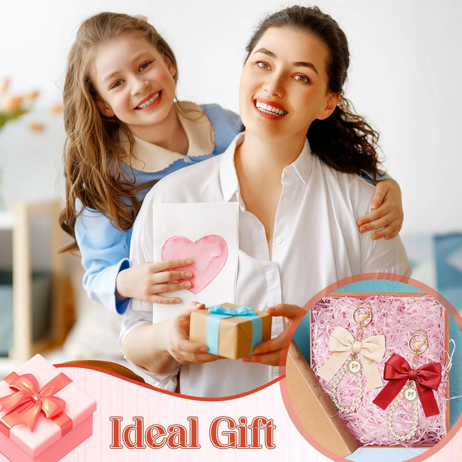 Bow Keychain Pink Bow Charm Pearl Wristlet Keyring Keychain for Women Purse Bag Charm