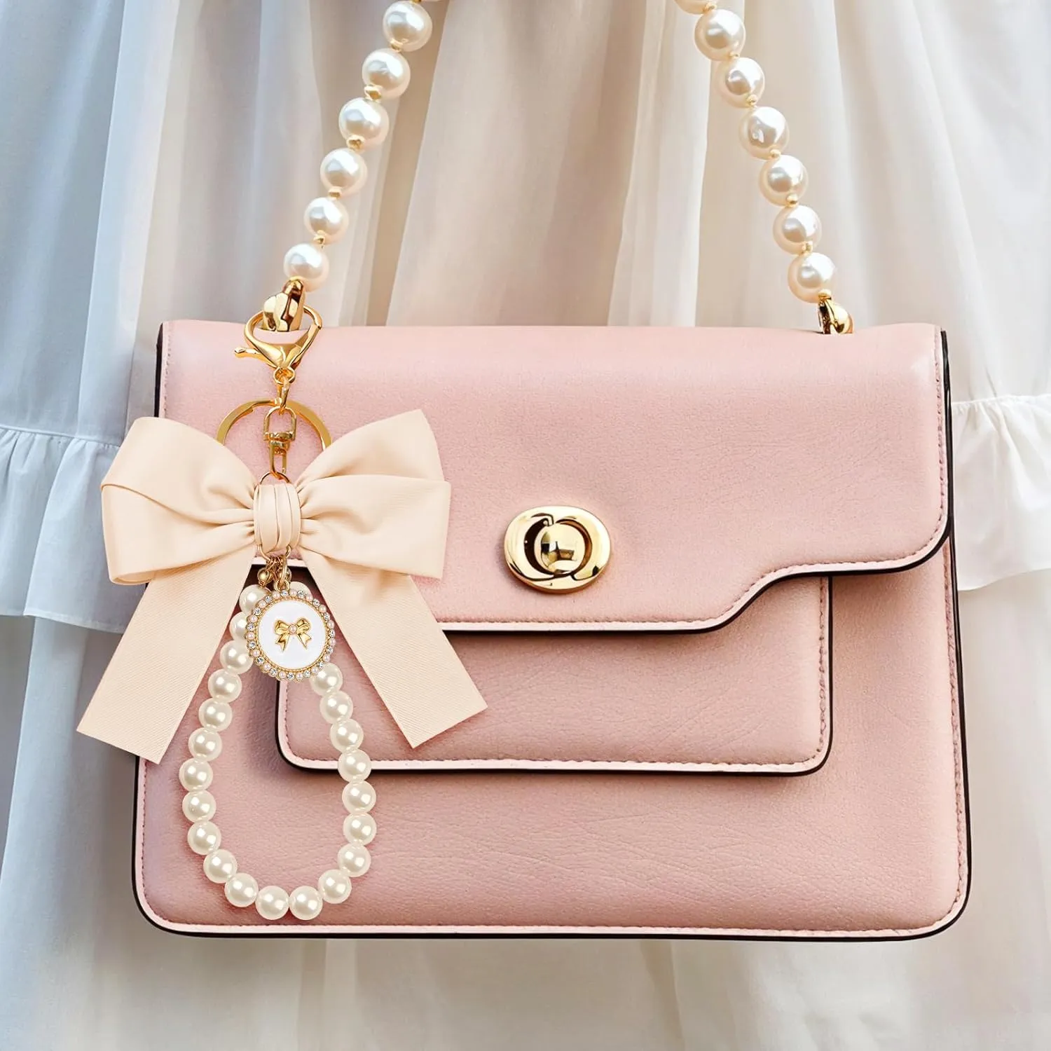 Bow Keychain Pink Bow Charm Pearl Wristlet Keyring Keychain for Women Purse Bag Charm