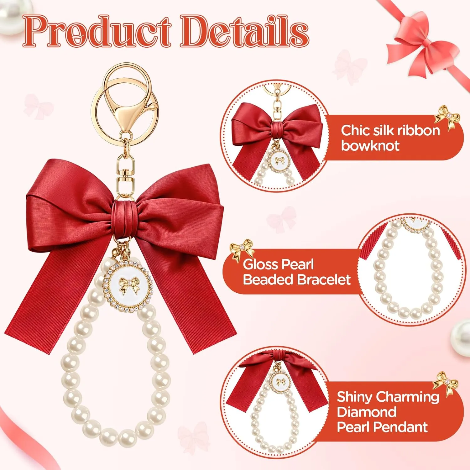Bow Keychain Pink Bow Charm Pearl Wristlet Keyring Keychain for Women Purse Bag Charm