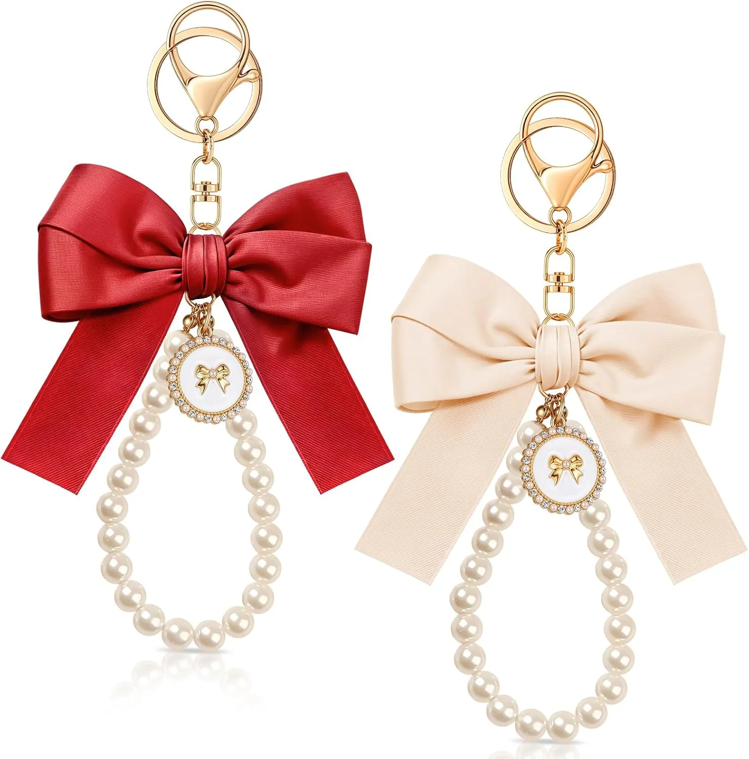 Bow Keychain Pink Bow Charm Pearl Wristlet Keyring Keychain for Women Purse Bag Charm