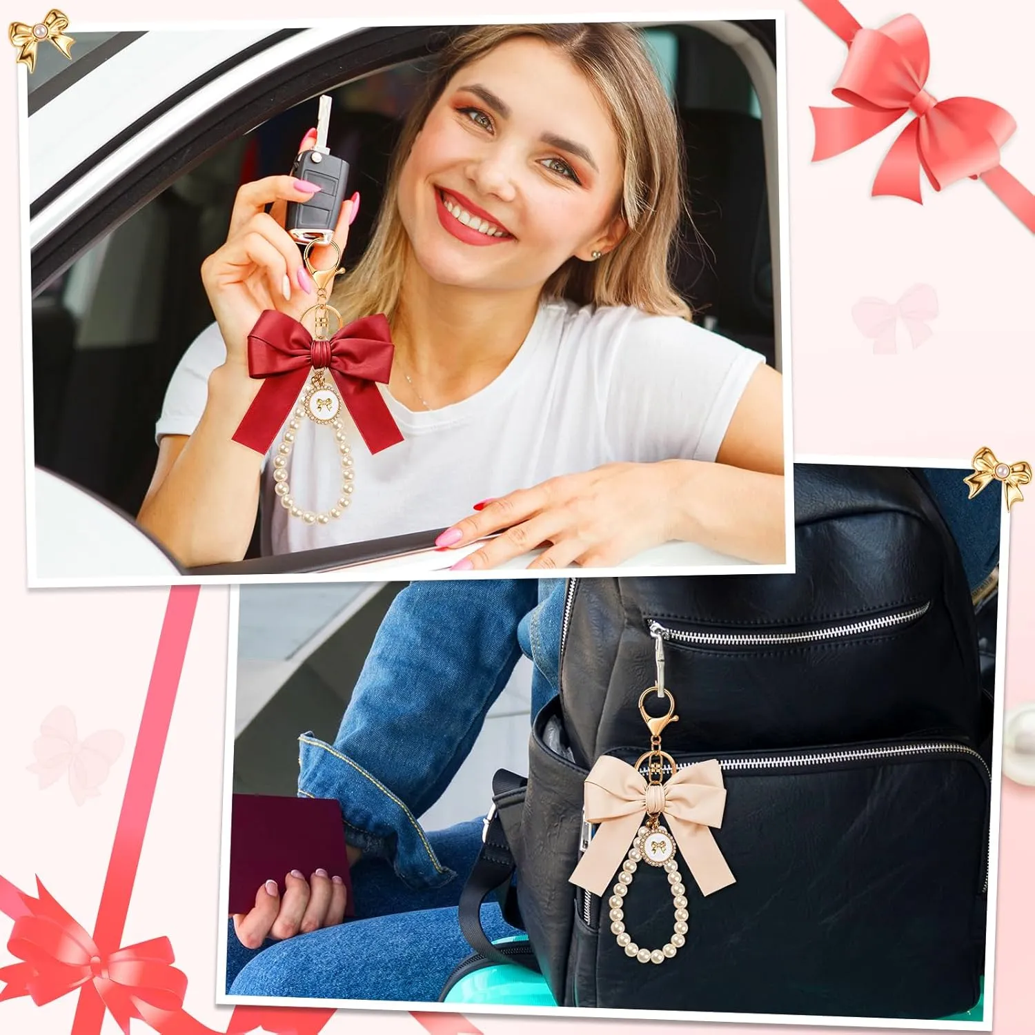 Bow Keychain Pink Bow Charm Pearl Wristlet Keyring Keychain for Women Purse Bag Charm