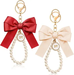 Bow Keychain Pink Bow Charm Pearl Wristlet Keyring Keychain for Women Purse Bag Charm