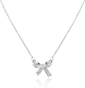 Bow Necklace, Silver Bow Pendant Necklace Elegant Bow Tie Necklace Dainty Ribbon Bowknot Chain for Women Jewelry Gift Fashion Accessories