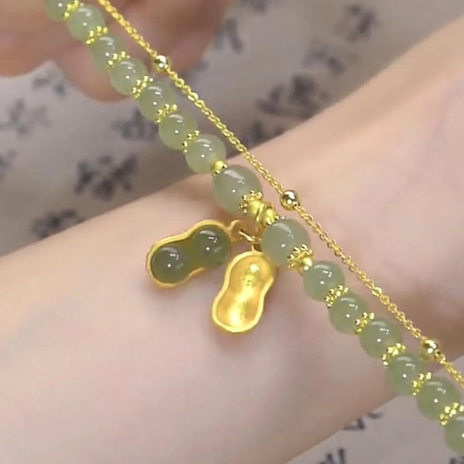 Bracelet Double Chain Jade Imitation Bracelet Retro Elegant Hand Jewelry Female Shoulder Jewelry for Women Bridal (A, One Size)