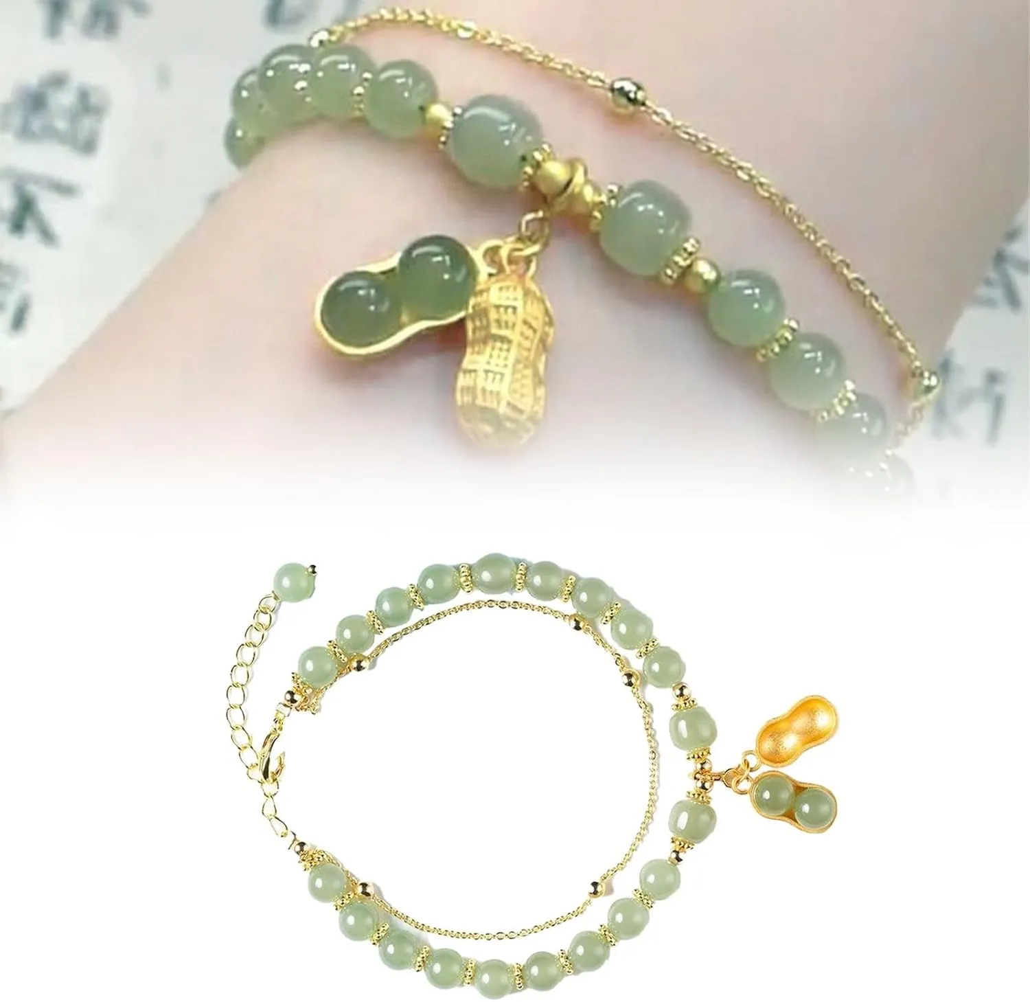 Bracelet Double Chain Jade Imitation Bracelet Retro Elegant Hand Jewelry Female Shoulder Jewelry for Women Bridal (A, One Size)