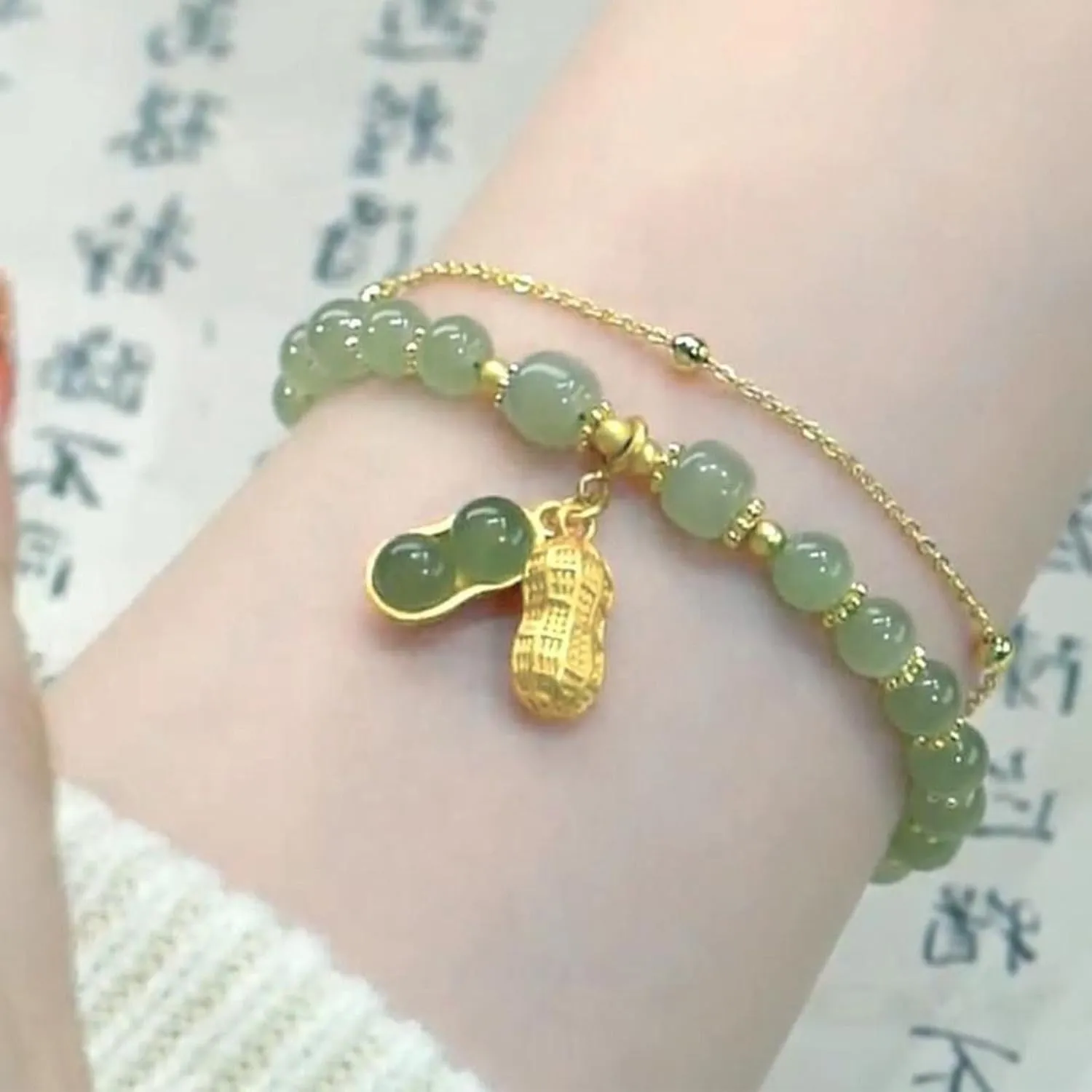 Bracelet Double Chain Jade Imitation Bracelet Retro Elegant Hand Jewelry Female Shoulder Jewelry for Women Bridal (A, One Size)