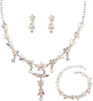 Bridal Wedding Austrian Crystal Teardrop Pendant Necklace Earring Bracelet Costume Statement Accessories Jewelry Set for Women and Bridesmaids