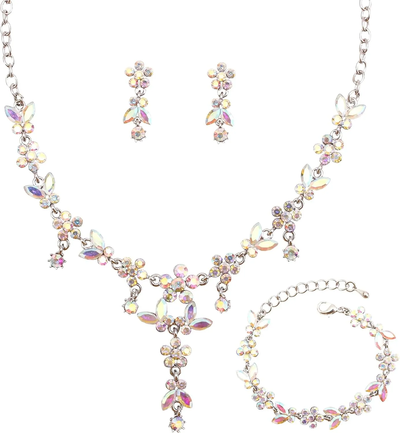 Bridal Wedding Austrian Crystal Teardrop Pendant Necklace Earring Bracelet Costume Statement Accessories Jewelry Set for Women and Bridesmaids