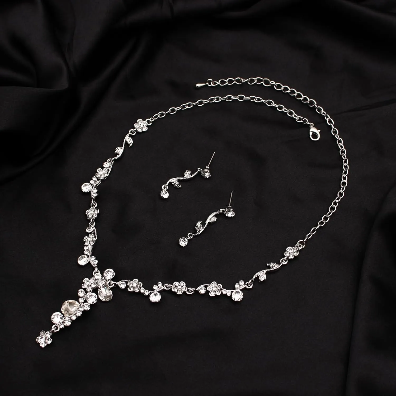 Bride Bridal Austrian Crystal Statement Necklace Dangle Earring Bracelet Wedding Party Jewelry Set for Women