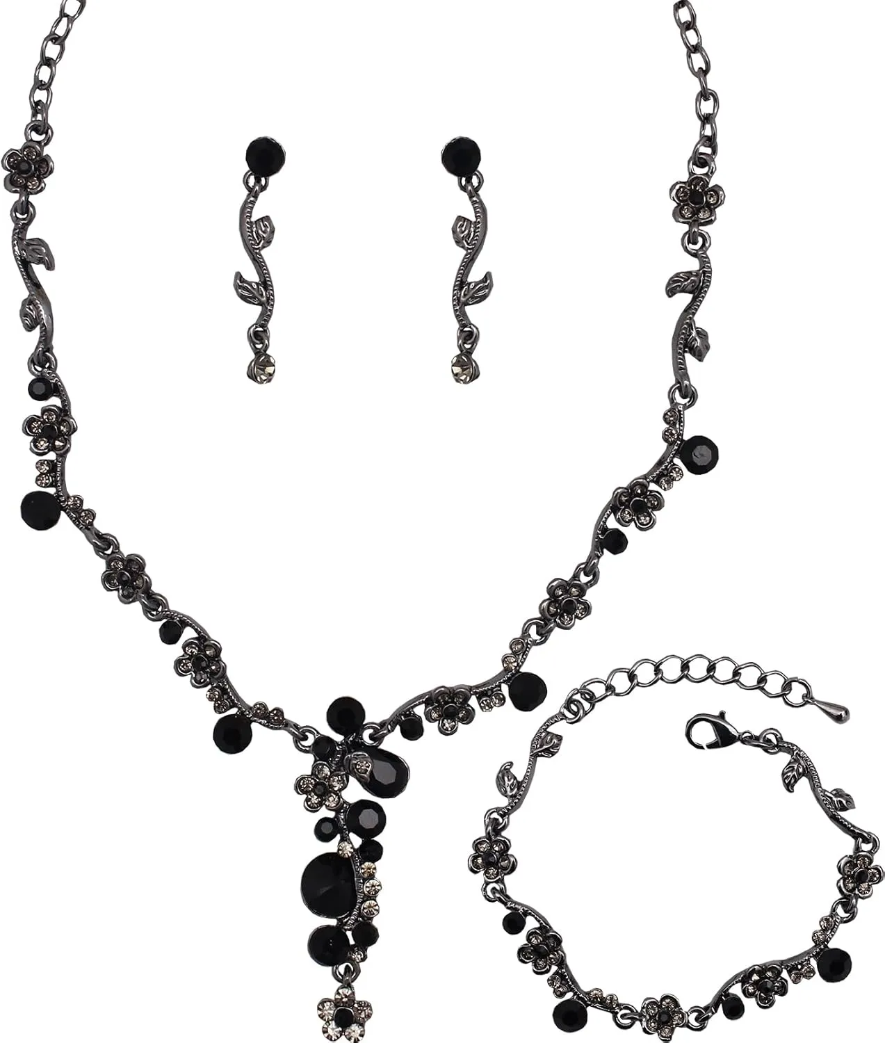 Bride Bridal Austrian Crystal Statement Necklace Dangle Earring Bracelet Wedding Party Jewelry Set for Women
