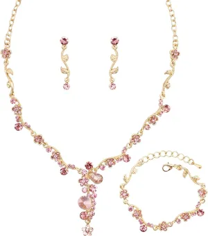 Bride Bridal Austrian Crystal Statement Necklace Dangle Earring Bracelet Wedding Party Jewelry Set for Women