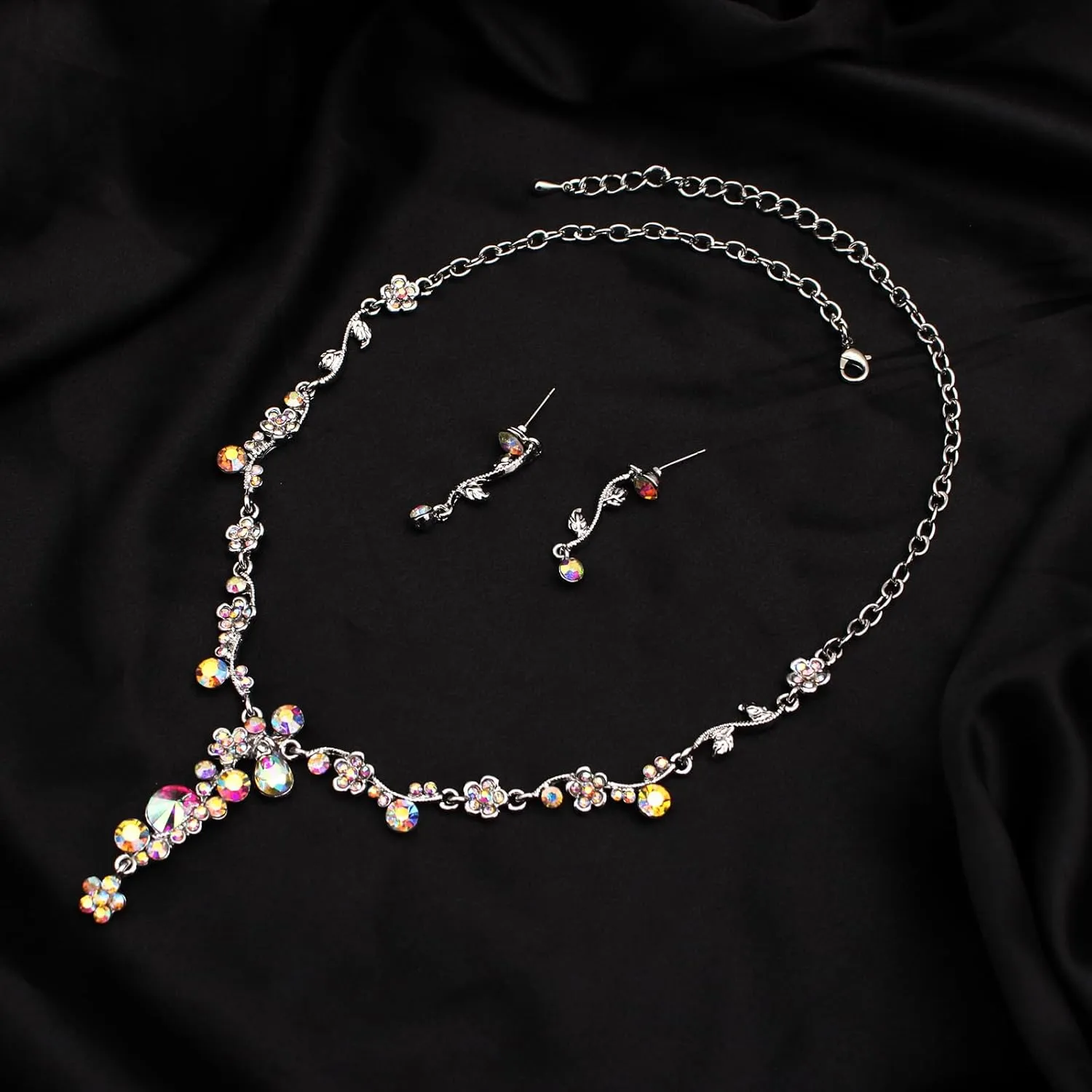 Bride Bridal Austrian Crystal Statement Necklace Dangle Earring Bracelet Wedding Party Jewelry Set for Women
