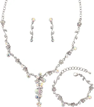 Bride Bridal Austrian Crystal Statement Necklace Dangle Earring Bracelet Wedding Party Jewelry Set for Women