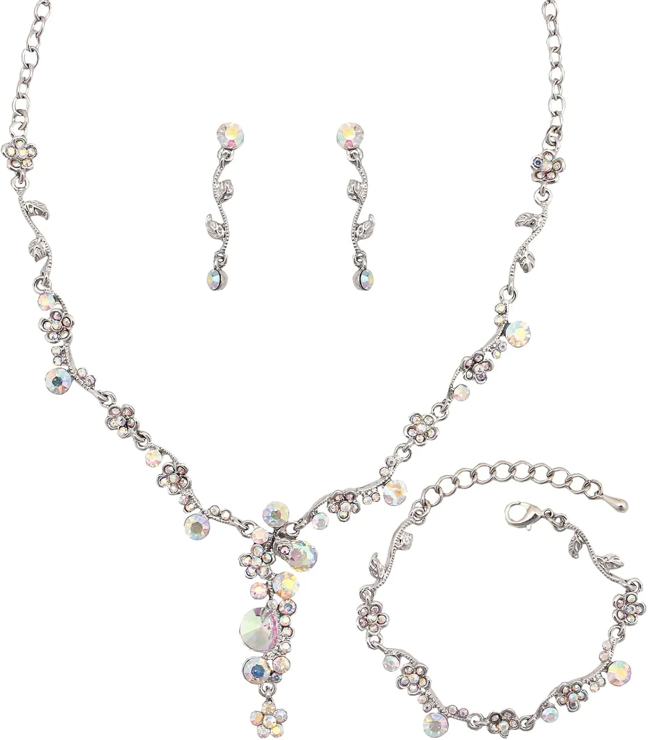 Bride Bridal Austrian Crystal Statement Necklace Dangle Earring Bracelet Wedding Party Jewelry Set for Women