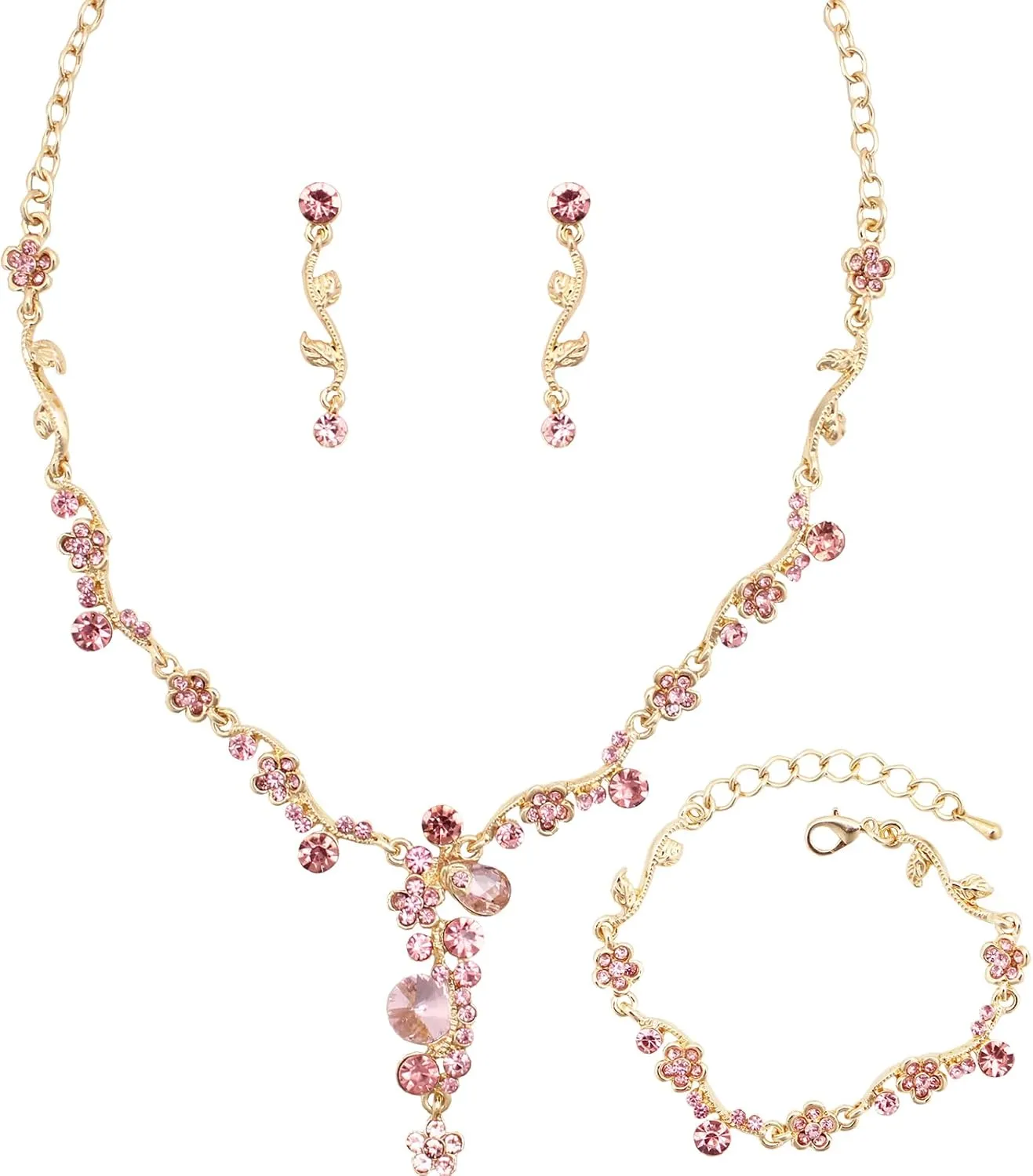 Bride Bridal Austrian Crystal Statement Necklace Dangle Earring Bracelet Wedding Party Jewelry Set for Women