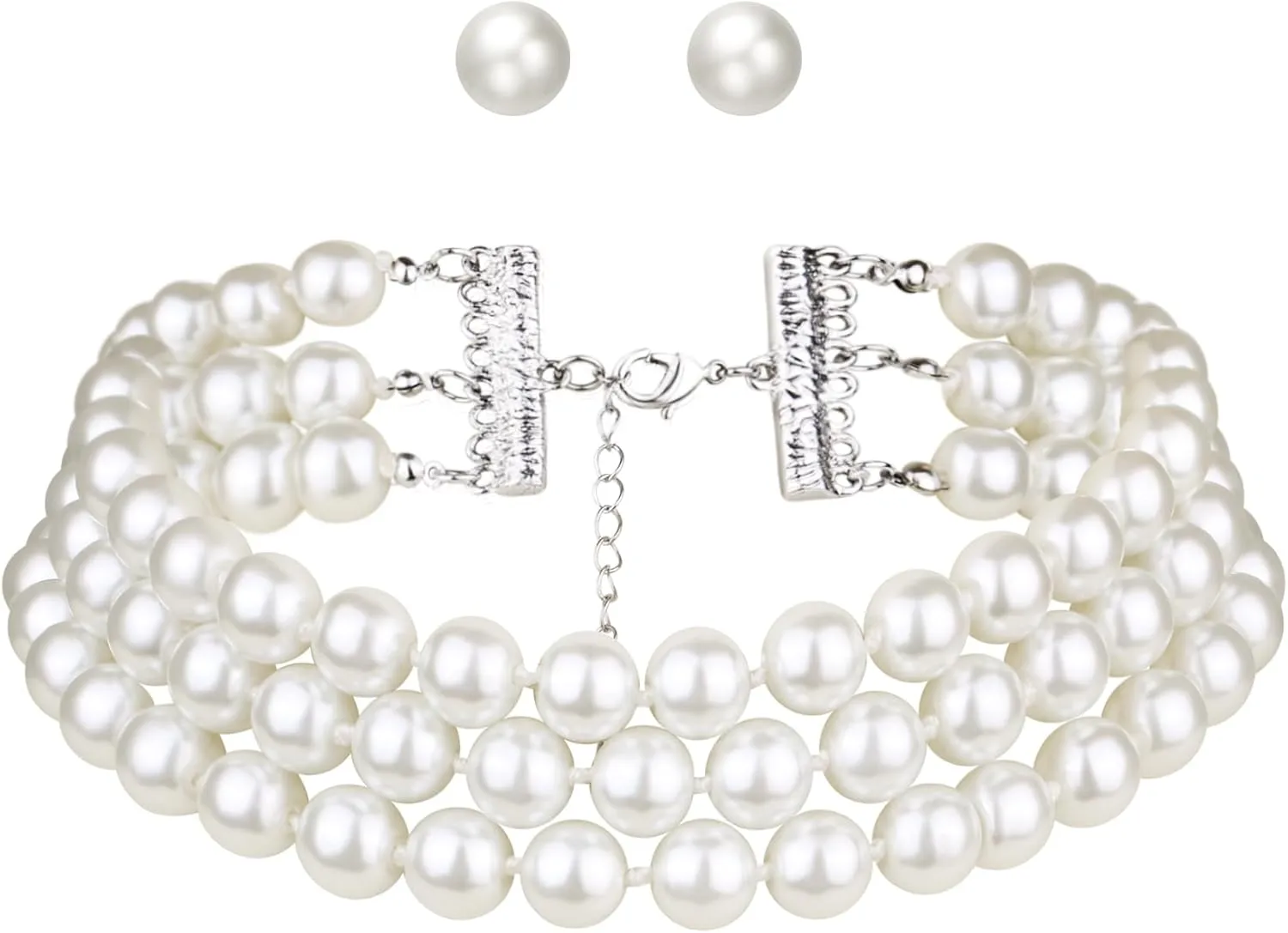 BriLove Elegant Round Cream Simulated Pearl 3 Strand Layered Choker Necklace Stud Earrings for Women Costume Cosplay Party Prom Silver-Tone