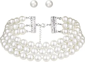 BriLove Elegant Round Cream Simulated Pearl 3 Strand Layered Choker Necklace Stud Earrings for Women Costume Cosplay Party Prom Silver-Tone