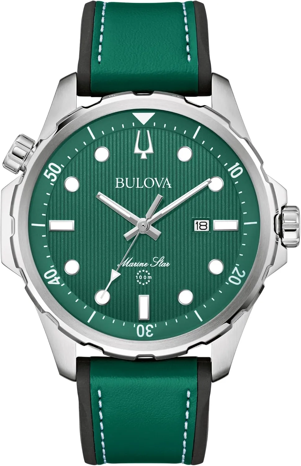 Bulova Men's Marine Star Quartz Silver Stainless Steel Watch, Leather and Silicone Strap, 100M Water Resistant, 43mm