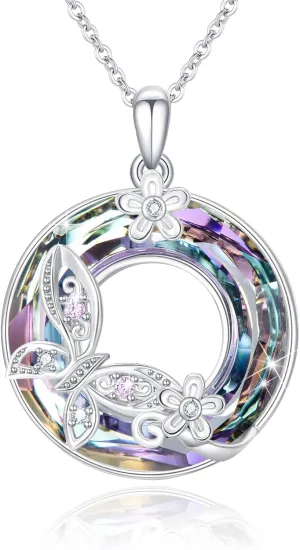Butterfly Necklace for Women 925 Sterling Silver with Circle Crystal Jewelry Dainty Butterfly Jewelry for Women Mom Wife Birthday Mothers Day Christmas Gifts