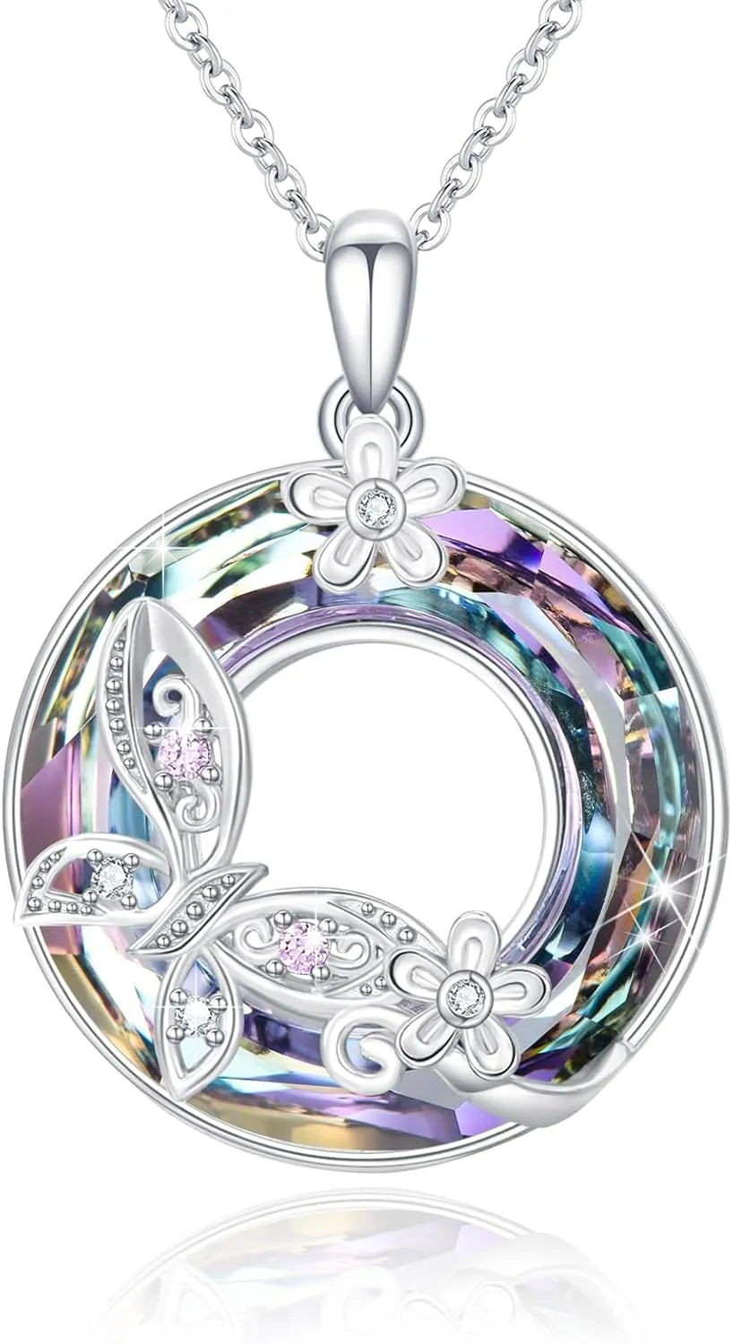 Butterfly Necklace for Women 925 Sterling Silver with Circle Crystal Jewelry Dainty Butterfly Jewelry for Women Mom Wife Birthday Mothers Day Christmas Gifts