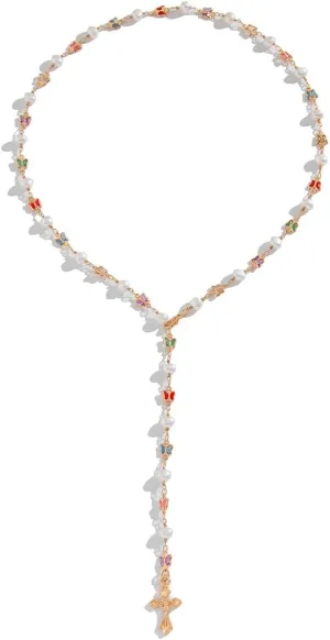 Butterfly Pearl Prism  Gold Y-Shaped Cross Pendant Necklace for Women, Gold Chain with Faux Pearls & Multicolor Crystals, Elegant Layered Jewelry