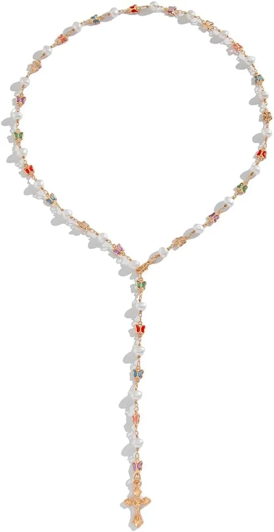 Butterfly Pearl Prism  Gold Y-Shaped Cross Pendant Necklace for Women, Gold Chain with Faux Pearls & Multicolor Crystals, Elegant Layered Jewelry
