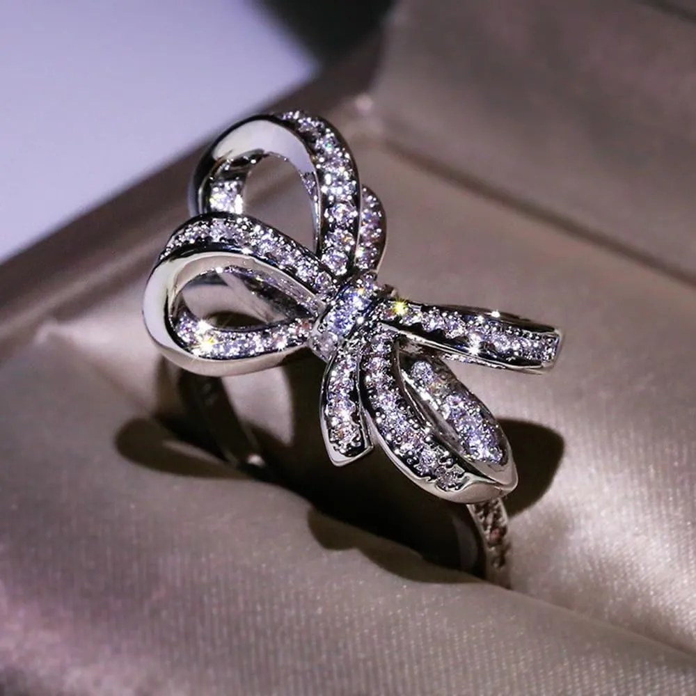 Butterfly Sparkly CZ Rhinestone Cubic Zirconia Cocktail Ring Bow-Knot Knuckle Ring Wedding Promise Jewelry Ring for Women