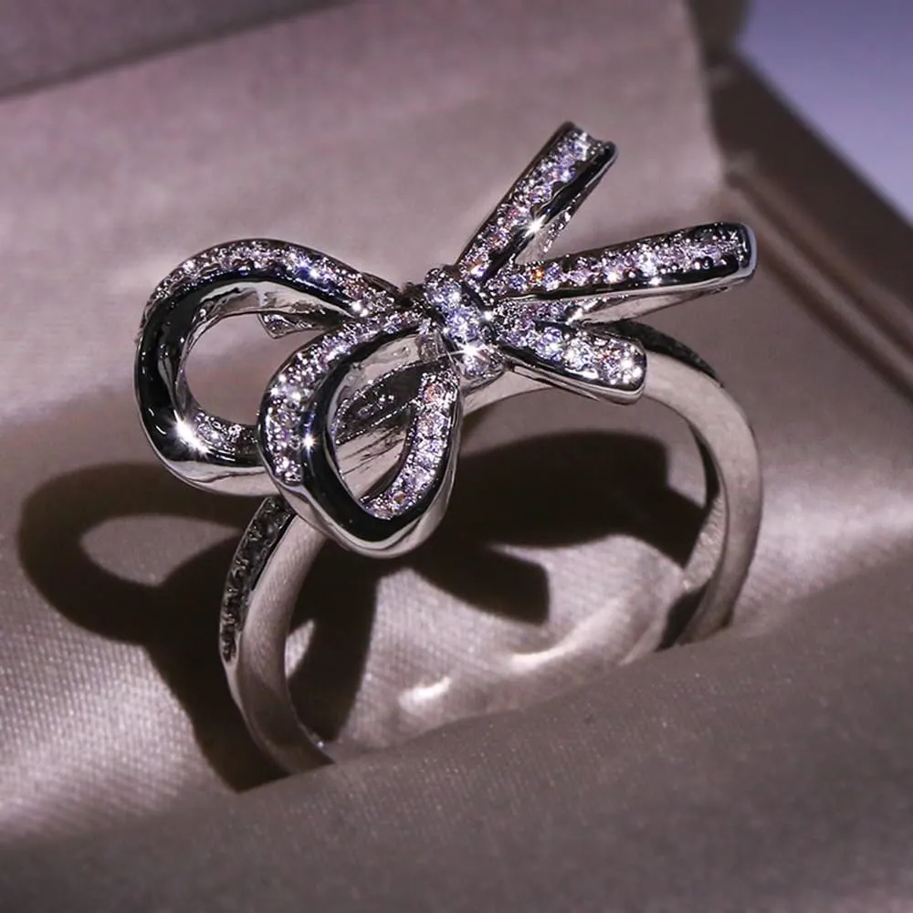 Butterfly Sparkly CZ Rhinestone Cubic Zirconia Cocktail Ring Bow-Knot Knuckle Ring Wedding Promise Jewelry Ring for Women