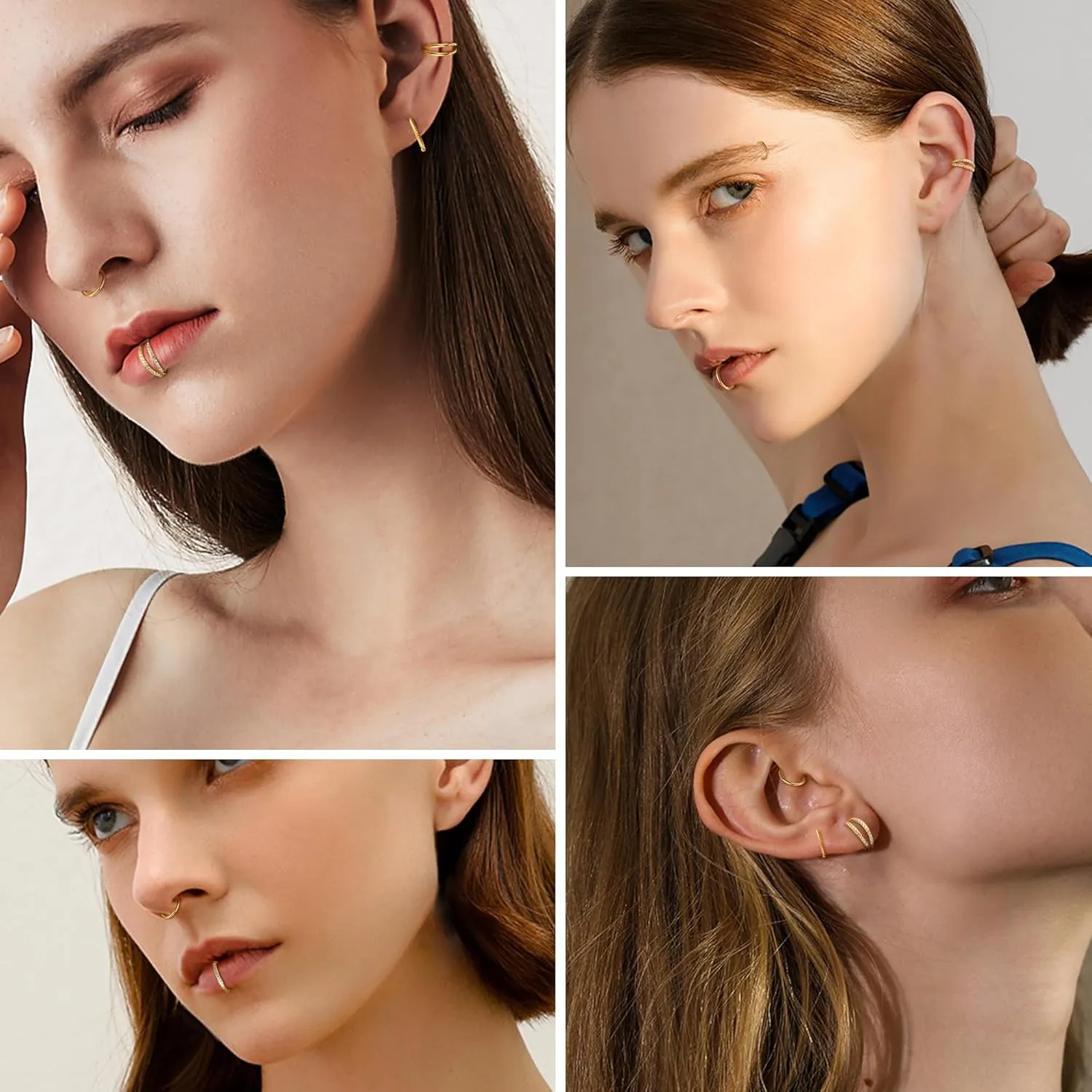 CASSIECA 5Pcs 18G 16G Surgical Steel Nose Rings Hoop for Women CZ Clicker Hinged Septum Ring Lip Helix Cartilage Double Hoop Earring Daith Rook Conch Body Piercing Jewelry for Women 8mm 10mm