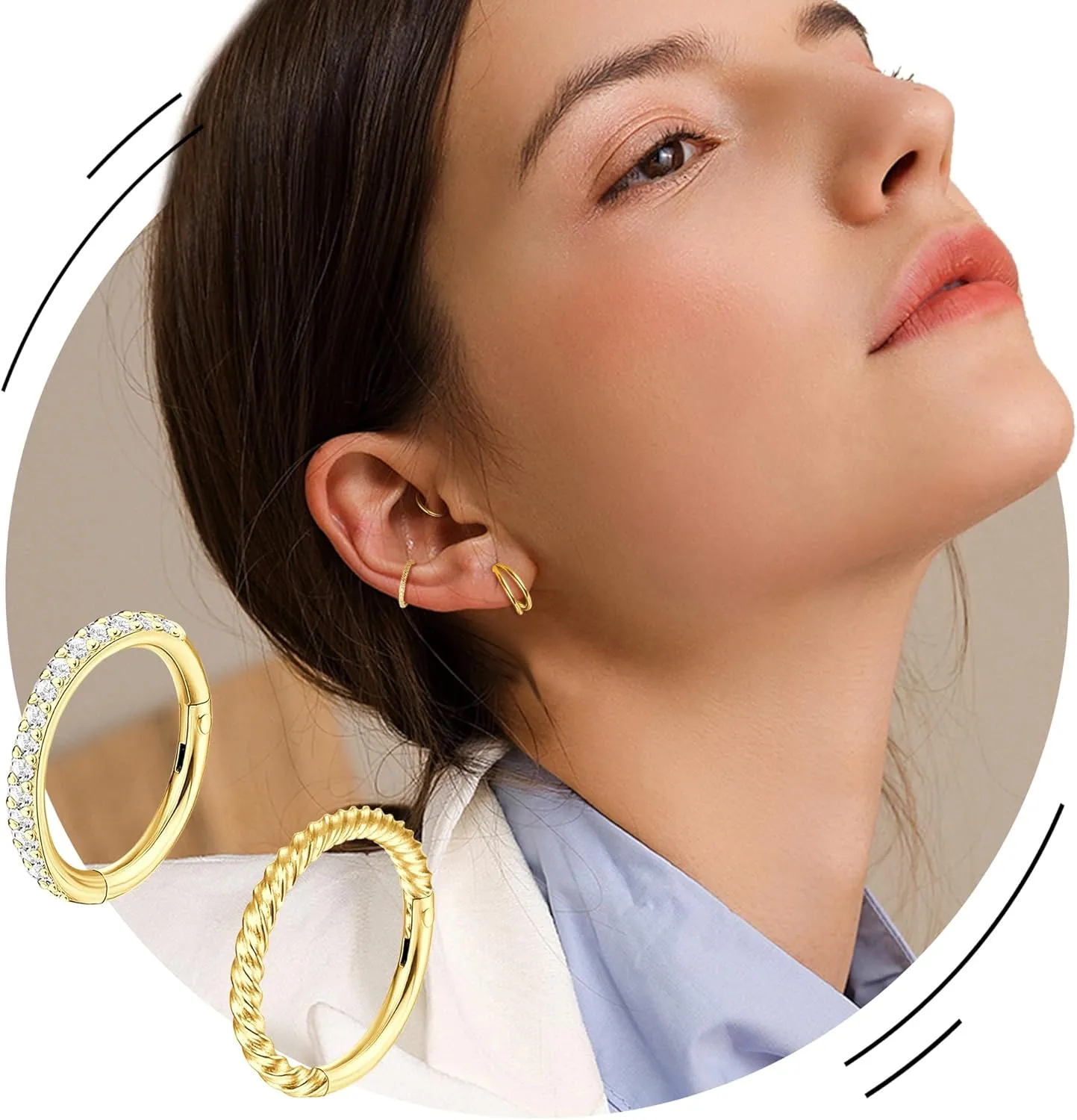 CASSIECA 5Pcs 18G 16G Surgical Steel Nose Rings Hoop for Women CZ Clicker Hinged Septum Ring Lip Helix Cartilage Double Hoop Earring Daith Rook Conch Body Piercing Jewelry for Women 8mm 10mm