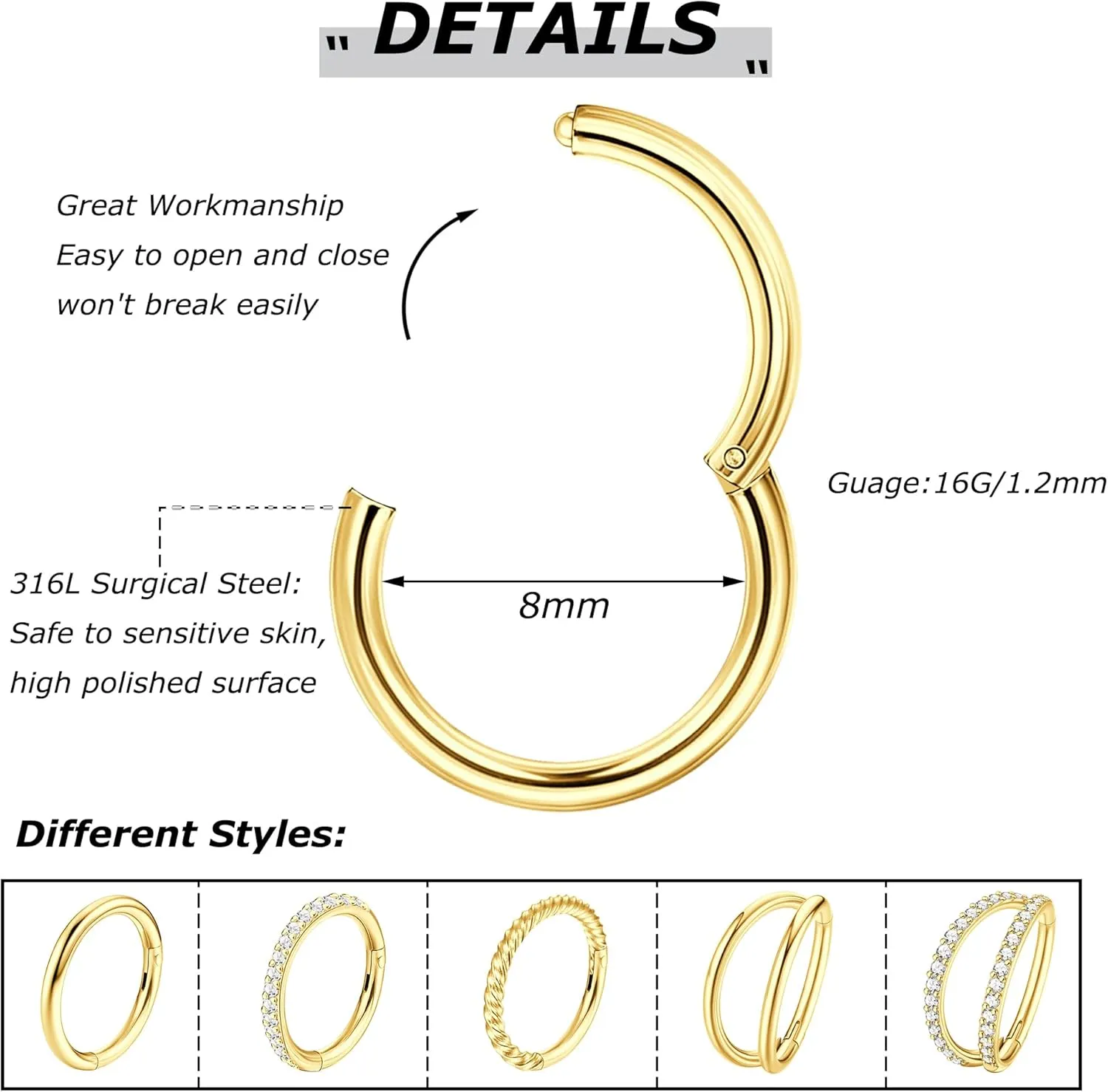 CASSIECA 5Pcs 18G 16G Surgical Steel Nose Rings Hoop for Women CZ Clicker Hinged Septum Ring Lip Helix Cartilage Double Hoop Earring Daith Rook Conch Body Piercing Jewelry for Women 8mm 10mm