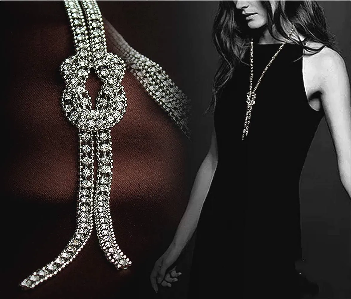 Cathercing Crystal Knot Pendant Long Necklace for Women Sweater Chain Statement Necklace Choker Adjustable Elegant Jewelry Rhinestone Accessories Dressy Collocation Winter Evening Party Wedding