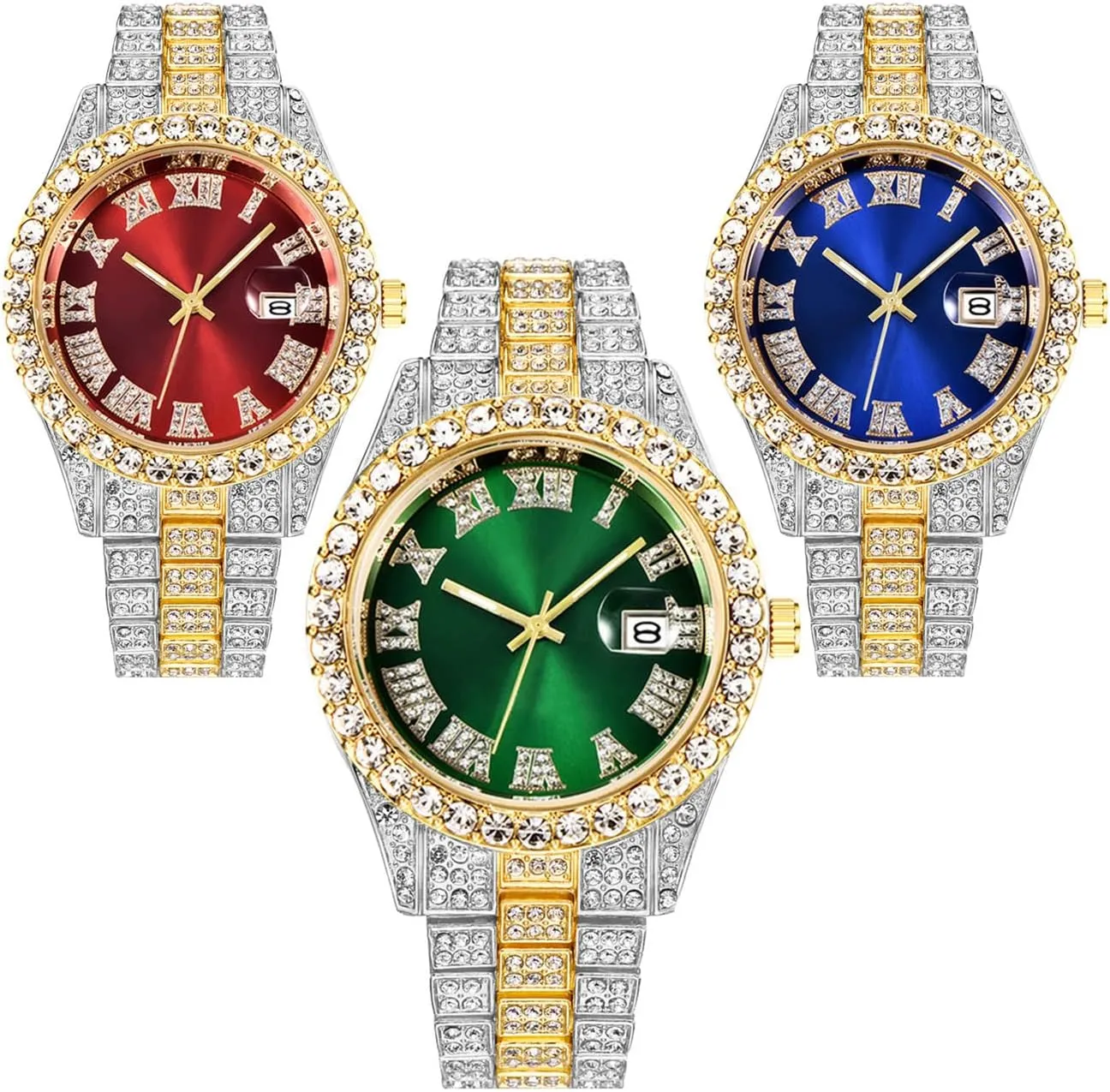 CdyBox 3 Pack Luxury Men Hip Hop Watch with Roman Scale Calendar Diamond Wrist Watch Stainless Steel Watches
