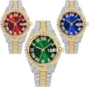 CdyBox 3 Pack Luxury Men Hip Hop Watch with Roman Scale Calendar Diamond Wrist Watch Stainless Steel Watches