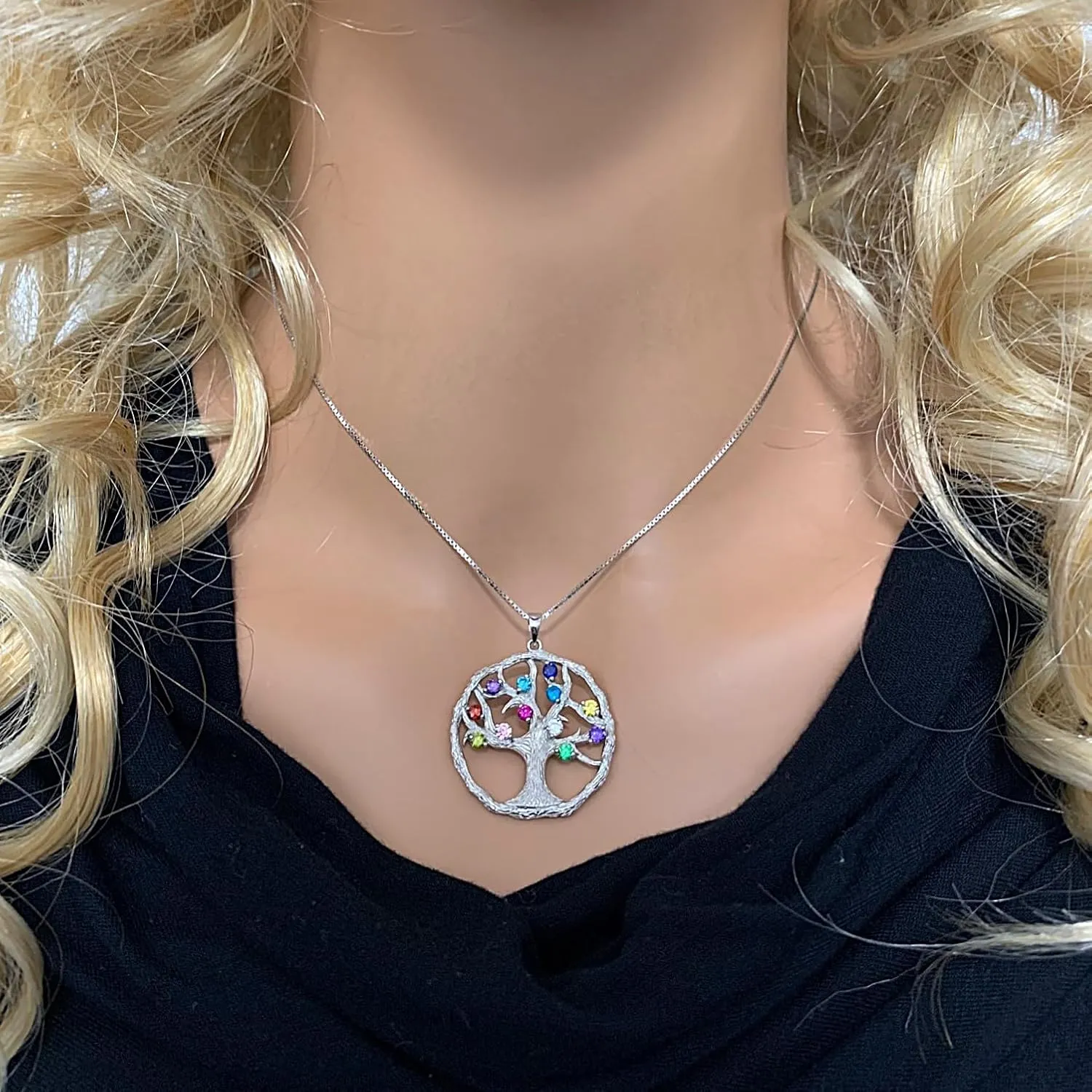 Central Diamond Center Tree of Life Mothers Birthstone Necklace in Silver-10K or 14K Gold. Up to 12stones