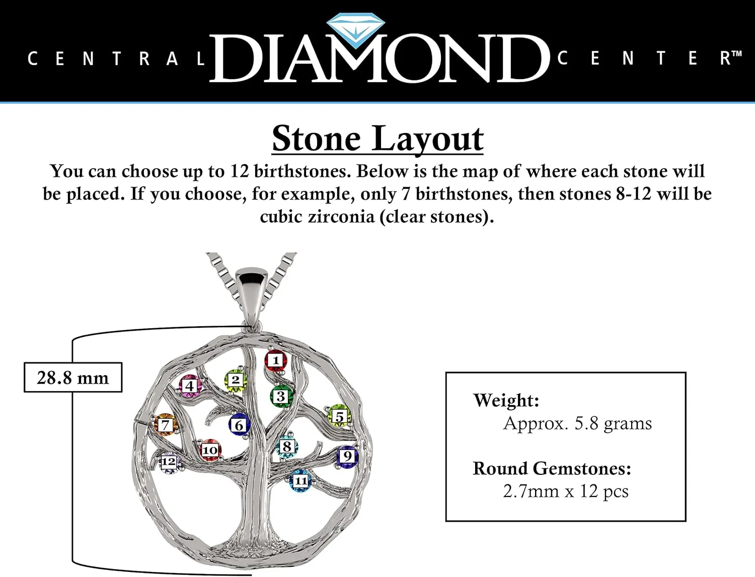 Central Diamond Center Tree of Life Mothers Birthstone Necklace in Silver-10K or 14K Gold. Up to 12stones