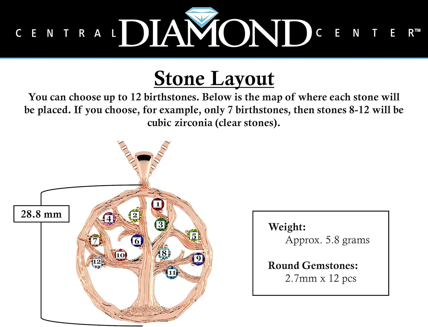 Central Diamond Center Tree of Life Mothers Birthstone Necklace in Silver-10K or 14K Gold. Up to 12stones