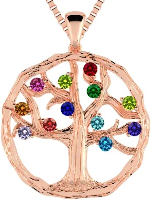 Central Diamond Center Tree of Life Mothers Birthstone Necklace in Silver-10K or 14K Gold. Up to 12stones
