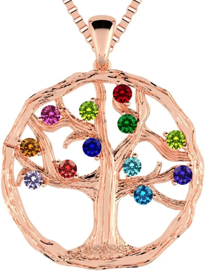 Central Diamond Center Tree of Life Mothers Birthstone Necklace in Silver-10K or 14K Gold. Up to 12stones