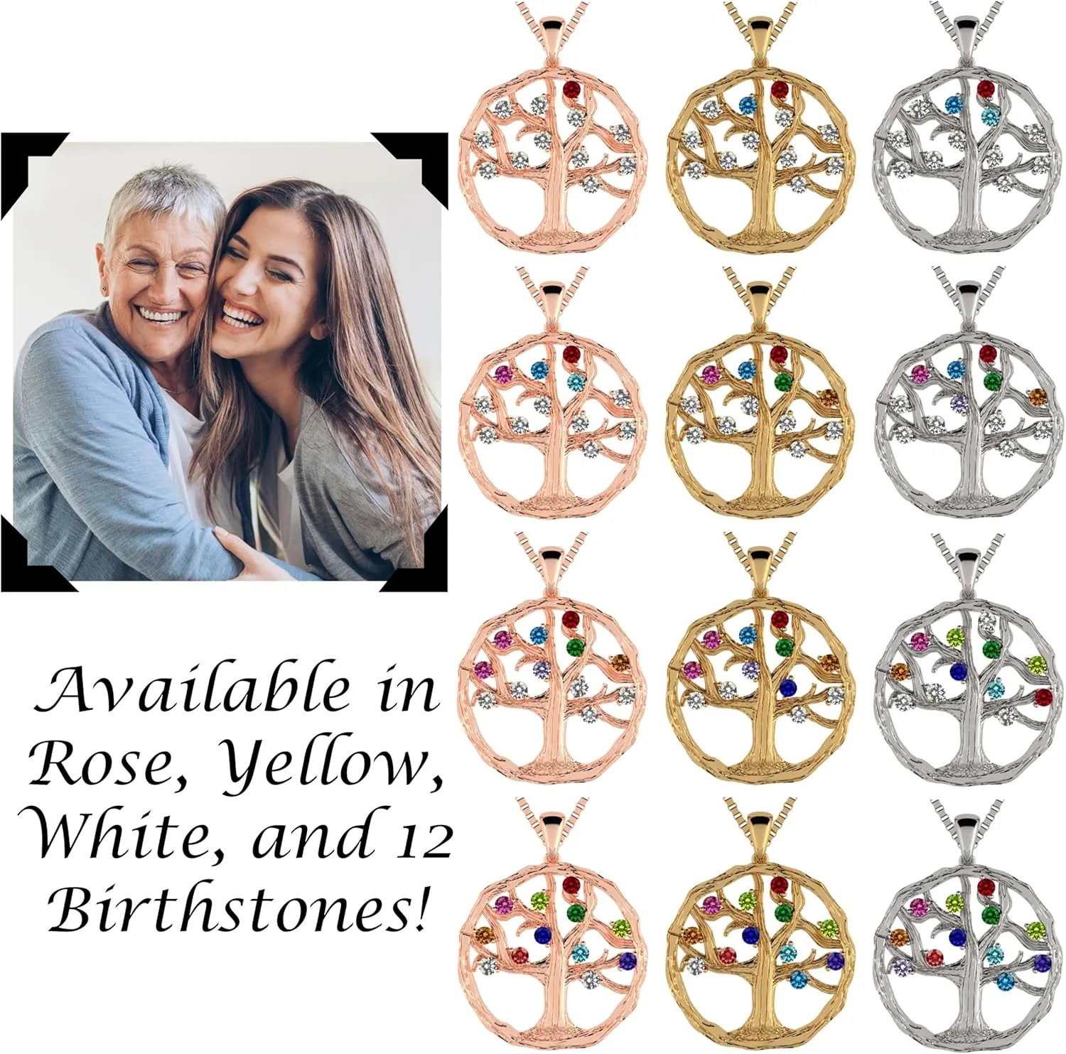 Central Diamond Center Tree of Life Mothers Birthstone Necklace in Silver-10K or 14K Gold. Up to 12stones