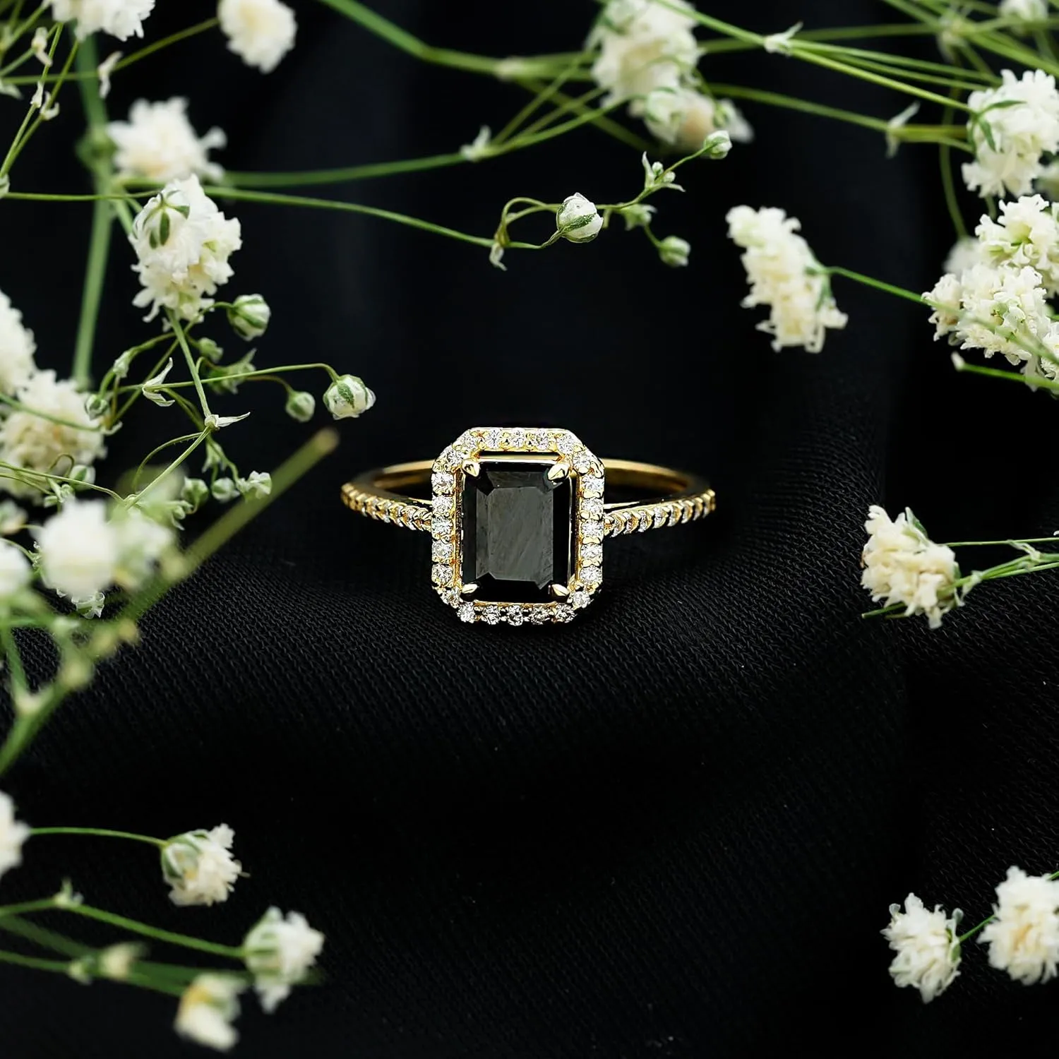 Certified Lab Grown Black Diamond 6X8mm Emerald Cut Engagement Ring, Aaaa Quality, Black and White Diamond Halo Ring
