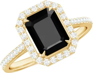 Certified Lab Grown Black Diamond 6X8mm Emerald Cut Engagement Ring, Aaaa Quality, Black and White Diamond Halo Ring