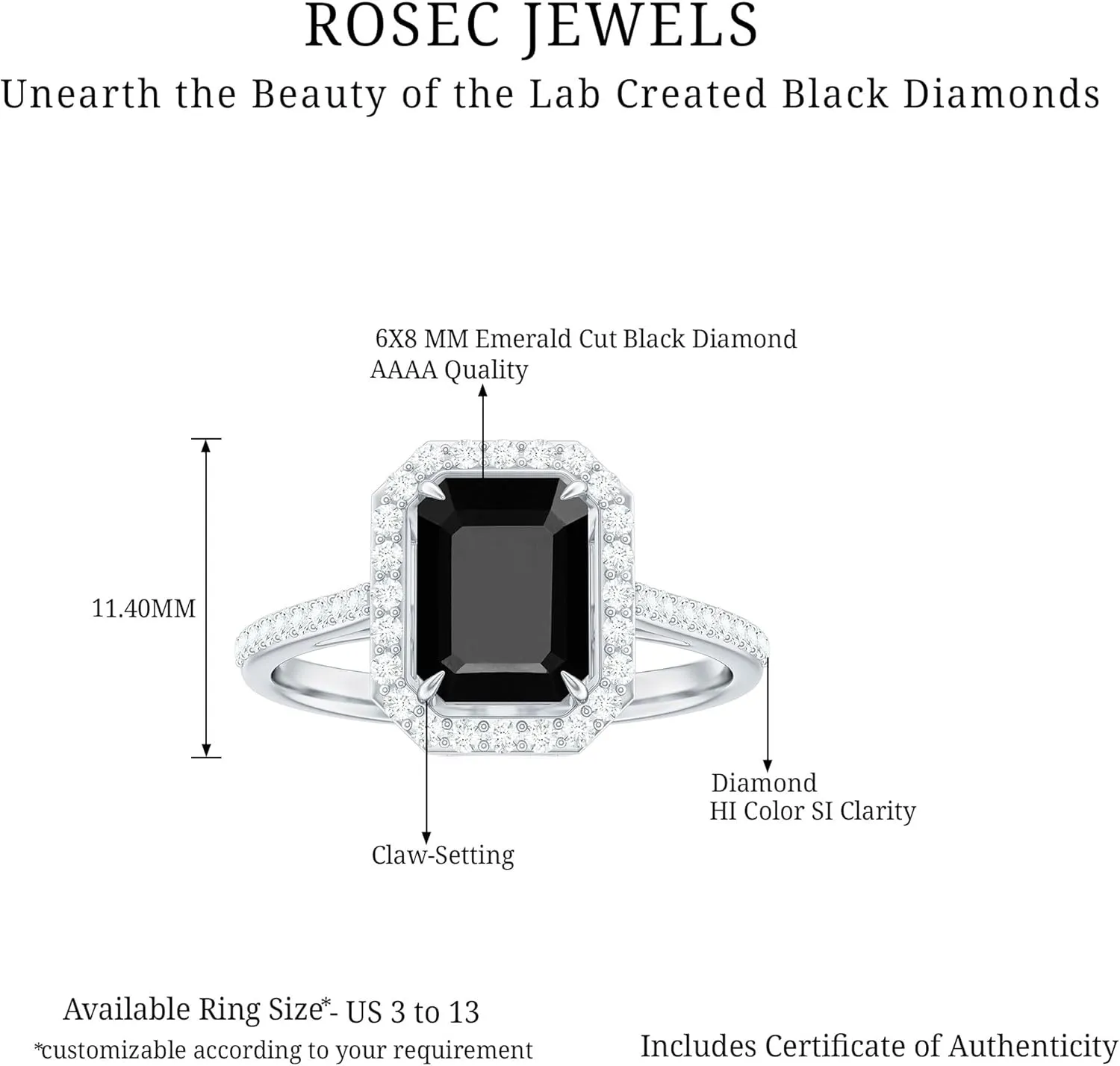 Certified Lab Grown Black Diamond 6X8mm Emerald Cut Engagement Ring, Aaaa Quality, Black and White Diamond Halo Ring