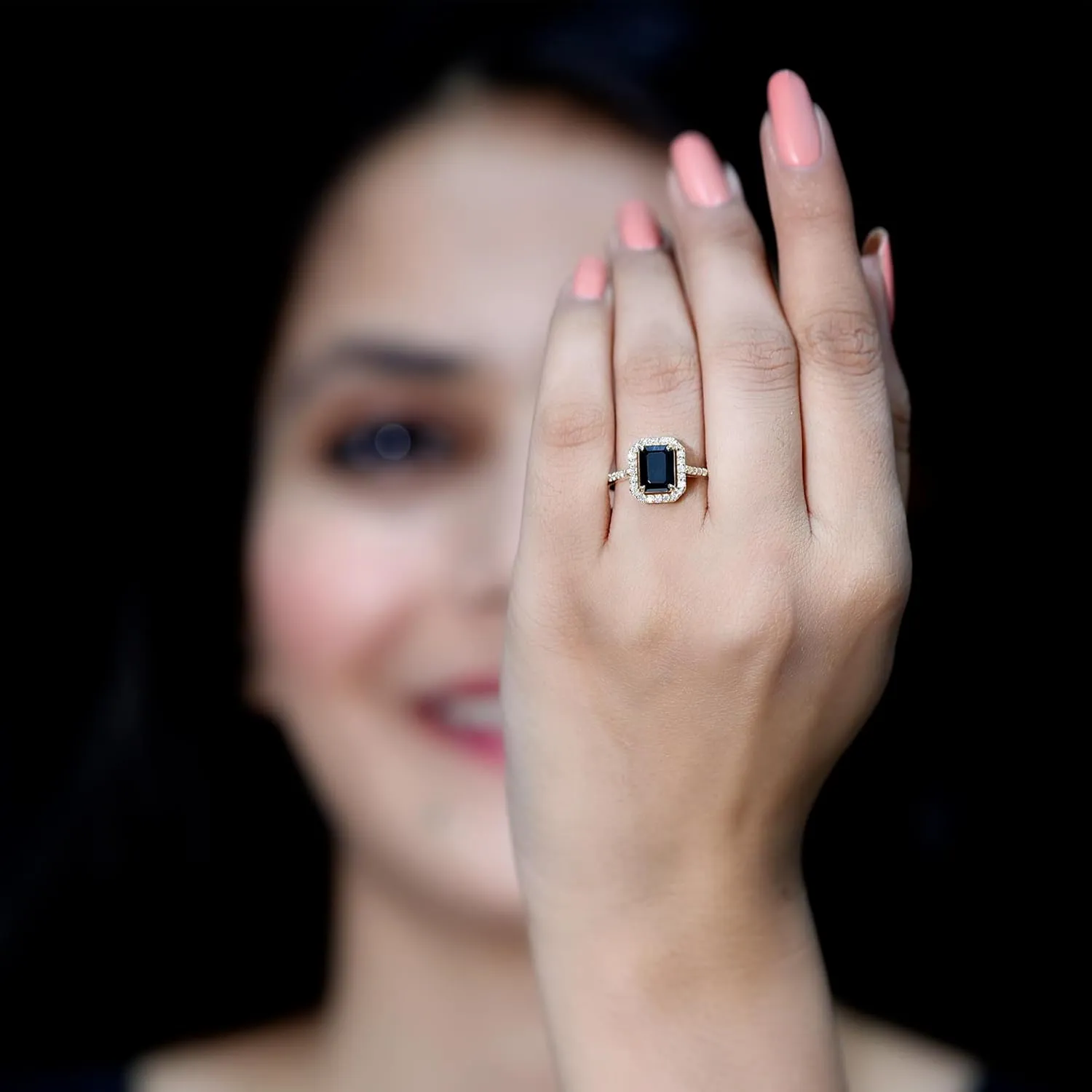 Certified Lab Grown Black Diamond 6X8mm Emerald Cut Engagement Ring, Aaaa Quality, Black and White Diamond Halo Ring