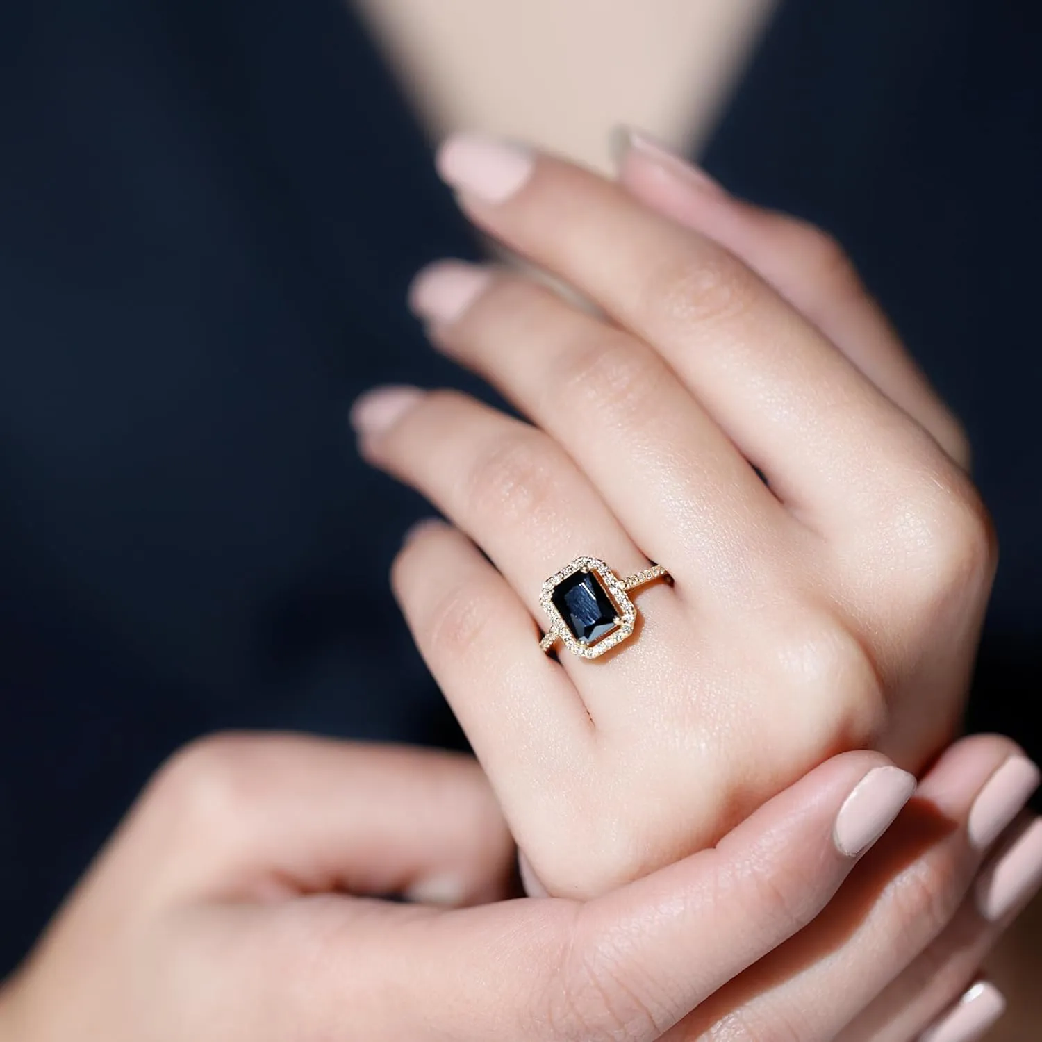 Certified Lab Grown Black Diamond 6X8mm Emerald Cut Engagement Ring, Aaaa Quality, Black and White Diamond Halo Ring