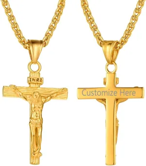 ChainsPro Can Customized, Crucifix Cross Pendant Necklace, with Chain-22 2", Stainless Steel/Gold Plated (Send Gift Box)