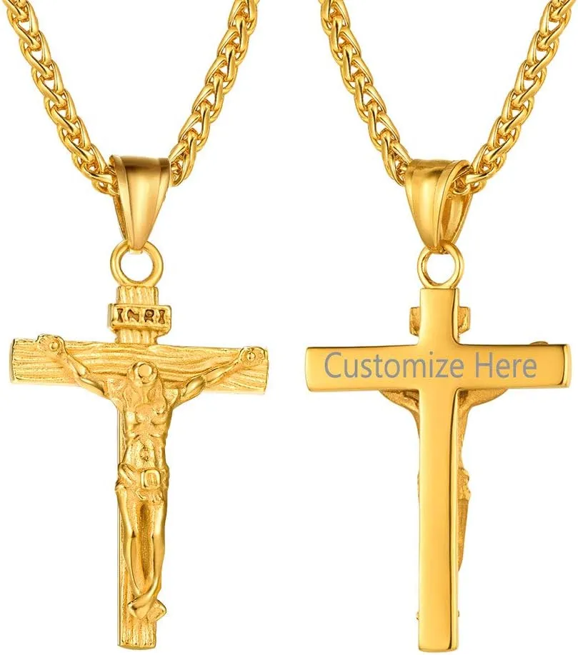 ChainsPro Can Customized, Crucifix Cross Pendant Necklace, with Chain-22 2", Stainless Steel/Gold Plated (Send Gift Box)